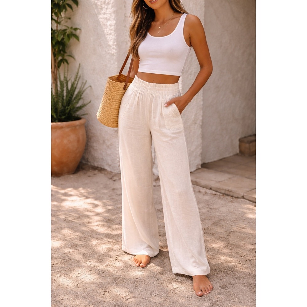 Cream Linen Wide Leg Pants Coastal Minimalist Boho Resort Chic Beach SZ L